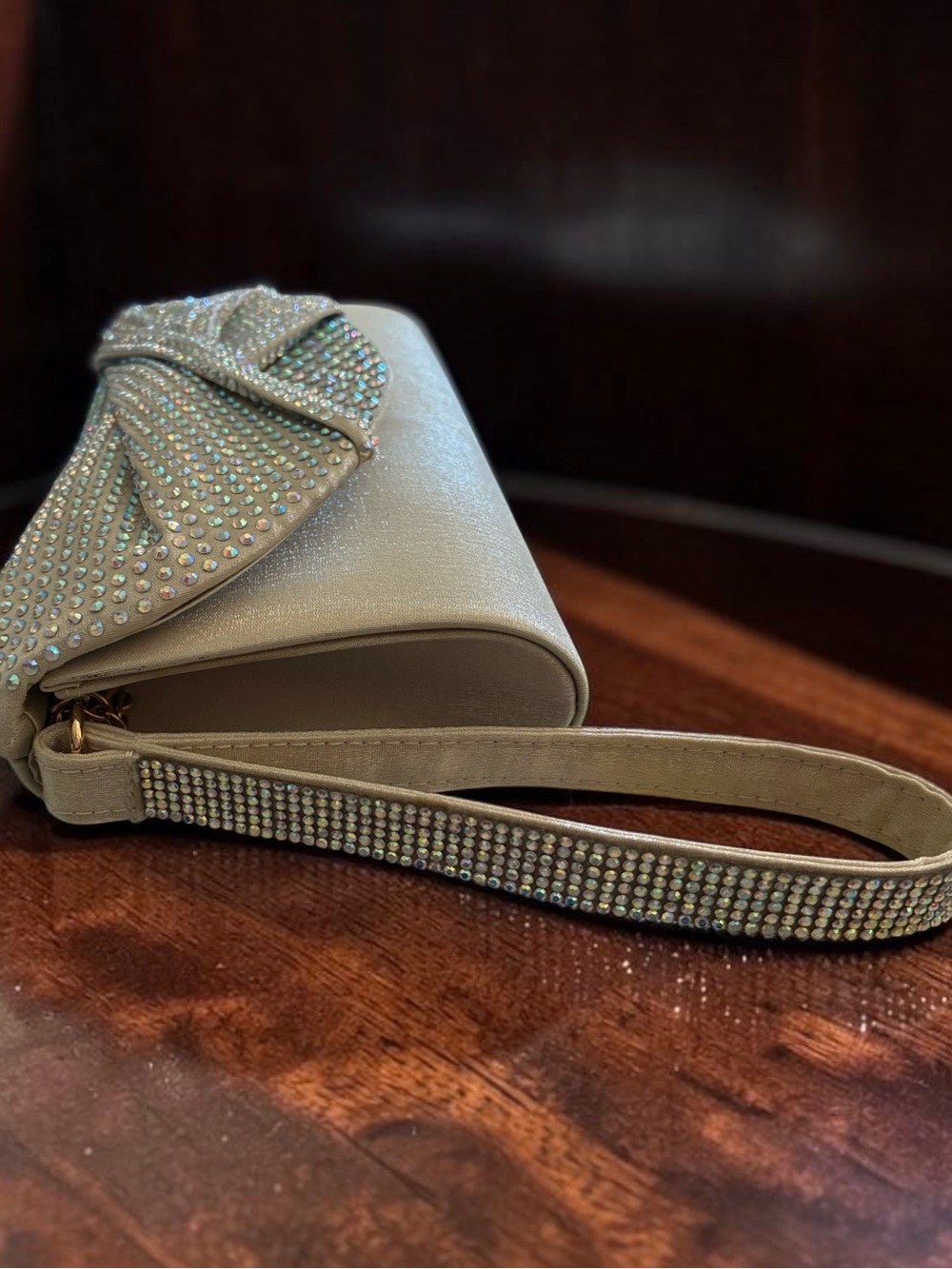 Jessica McClintock Iridescent Crystal Strap Evening Clutch in Champagne - Picture 2 of 6